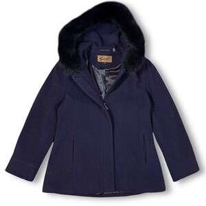 Sachi Collection Wool Cashmere Blend Coat Fox Fur Hood Women's S Navy Blue‎ EGP